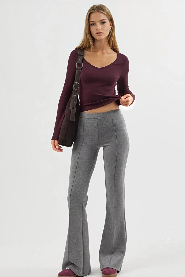 BUSEM Nervürlü Esnek Örme İspanyol Paça Pantolon - 2