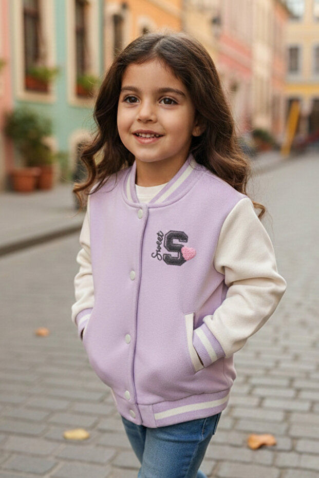 Girl's Purple Cream 3 Thread College Cardigan