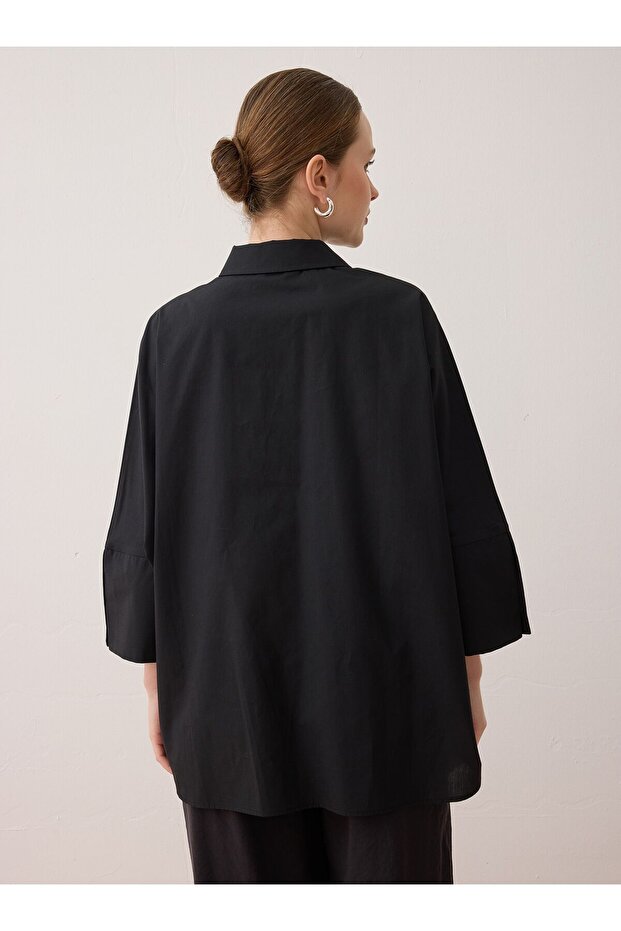 Oversize Düğmeli Gömlek - Siyah - - 5