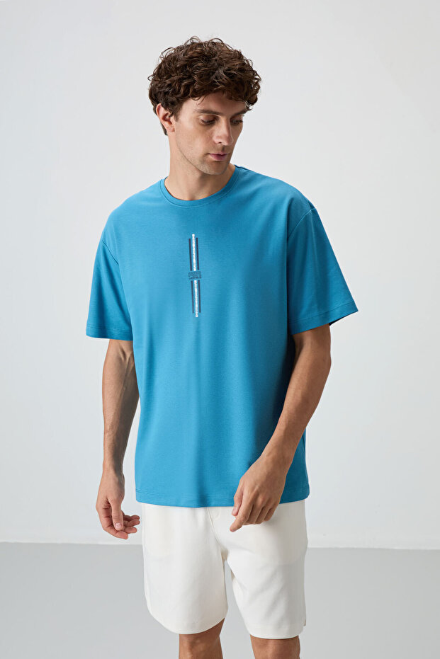 Petrol Blue Cotton Thick Surface Textured Oversize Fit Printed Men's T-Shirt - 88366
