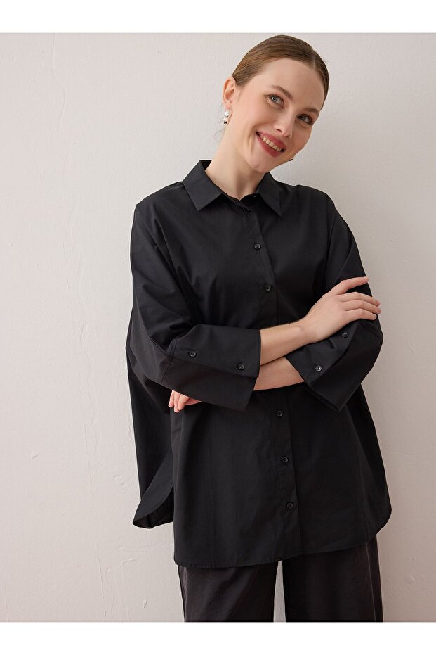 Oversize Düğmeli Gömlek - Siyah - - 2