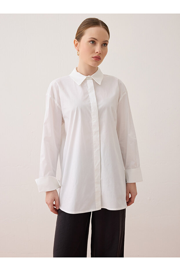 قميص أساسي بأكمام واسعة وجيوب مخفية - أبيض - - 4