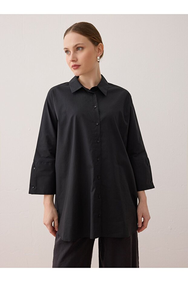 Oversize Düğmeli Gömlek - Siyah - - 3
