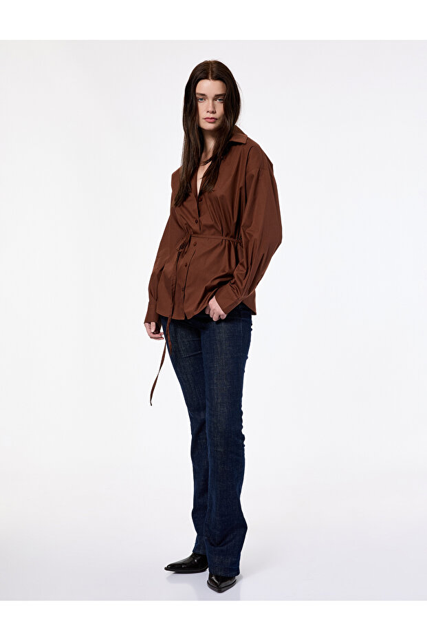 Long Sleeve Classic Collar Tie Detail Long Poplin Shirt