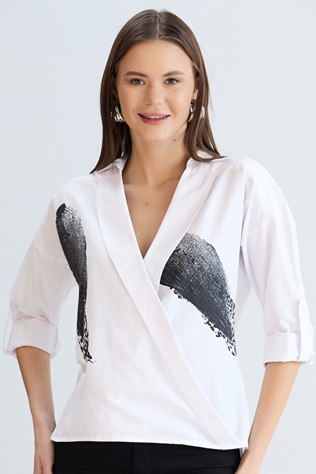 White Double Breasted Collared Shirt - 7