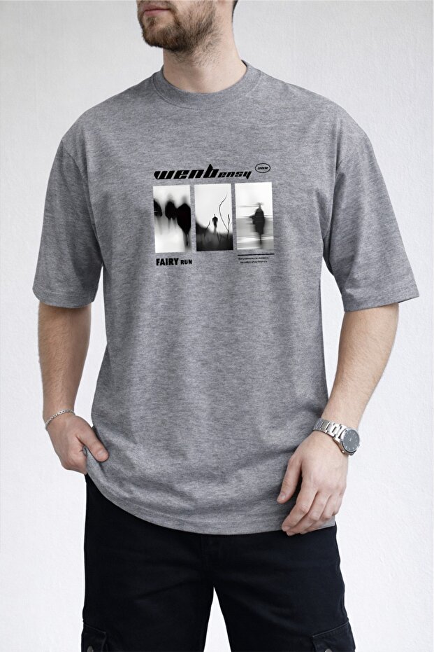 Men's Abstract Figure Design Crew Neck Gray T-Shirt