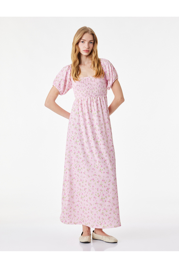 Square Neck Short Balloon Sleeve Long Floral Dress