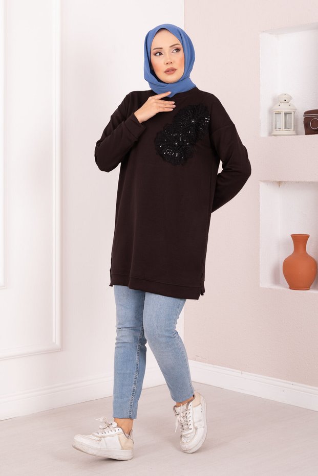 Floral Embroidered Hijab Tunic Brown