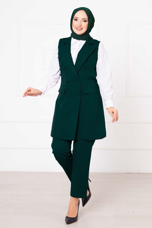 Mendil Collar Long Vest Suit Emerald