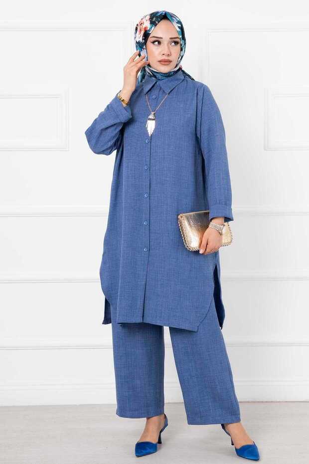 Linen Long Double Hijab Set Indigo
