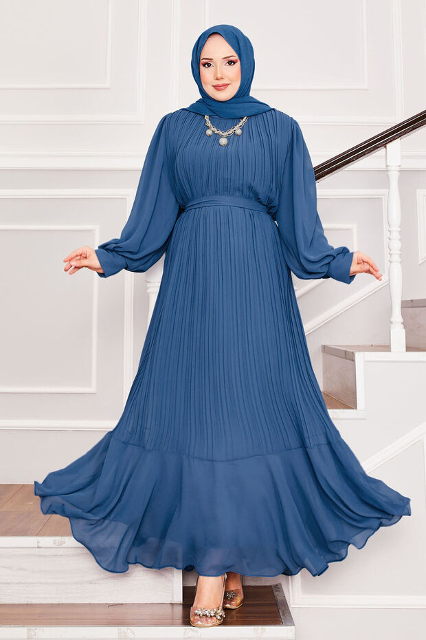 Organza Sleeves Hijab Evening Dress Indigo