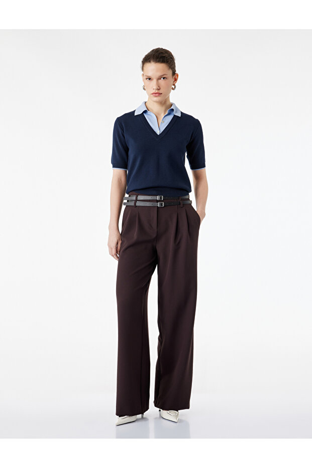 Loose-Fit Pocketed Pleated Belt Detailed Palazzo Trousers