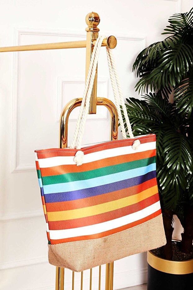 Patterned Straw Detailed Beach Bag -129