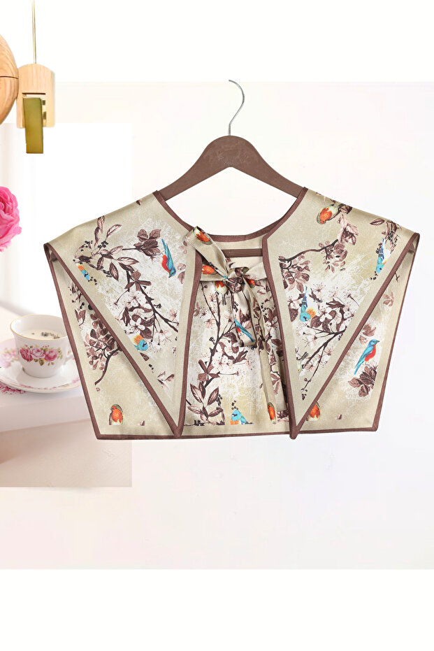 Luxury Shoulder Shawl with Bird and Spring Branches Pattern | 'Bird Song' Handmade Premium Satin Scarf Collar