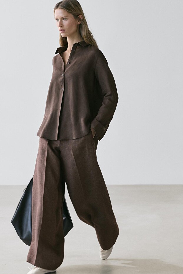 Dökümlü %100 keten gömlek - 2