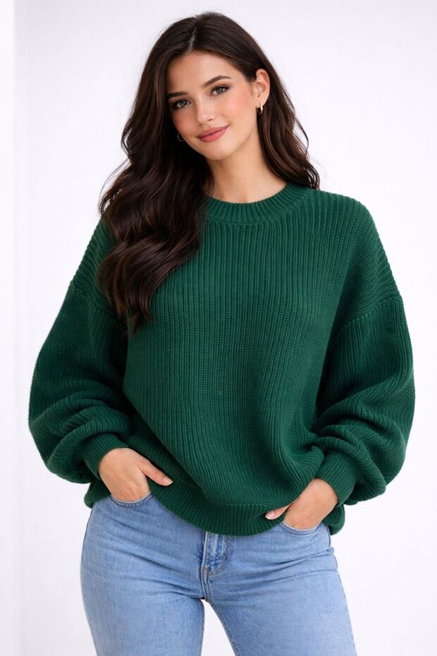 Green Crew Neck Oversized Women's Knit Sweater
