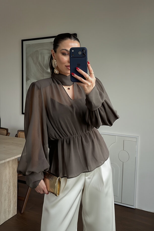 Brown Belted V-Neck Chiffon Blouse - 101268