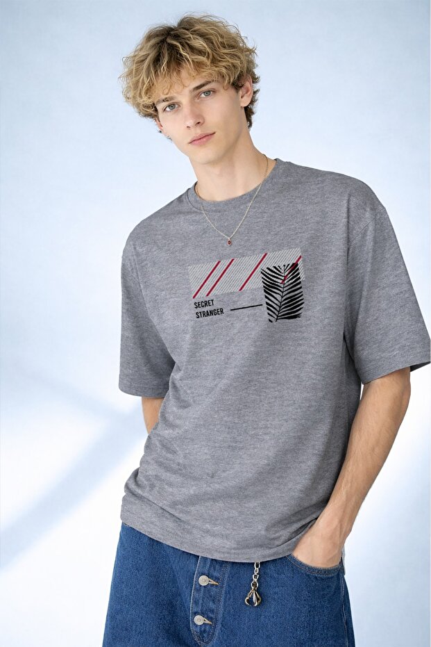 Men's Secret Written Minimalist Palm Tree Printed Crew Neck Gray T-Shirt