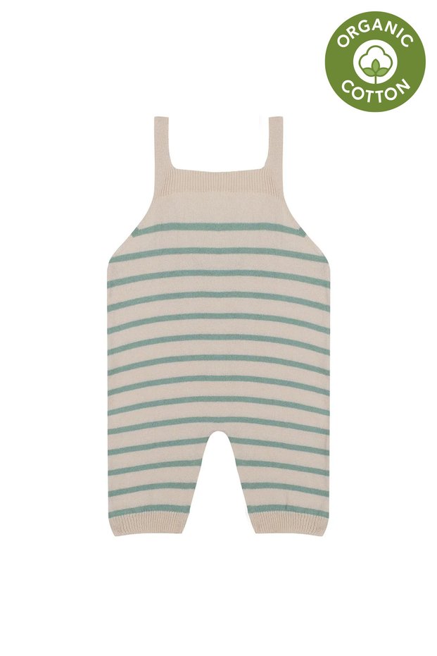 Beige Green Striped, Wooden Buttoned Adjustable Strap Knitwear Baby Girl and Boy Salopet