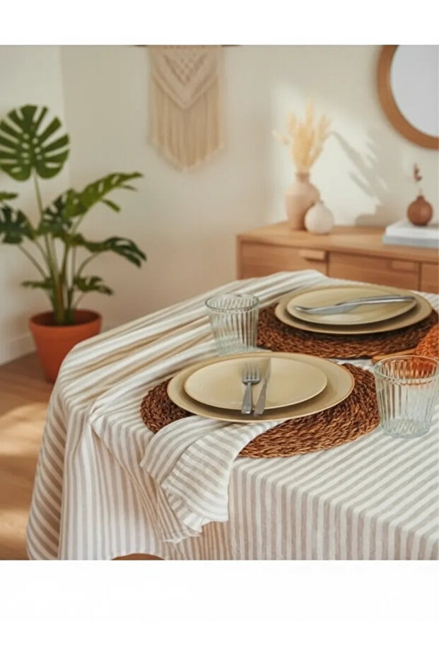 Linen Beige (Plain) Striped Tablecloth