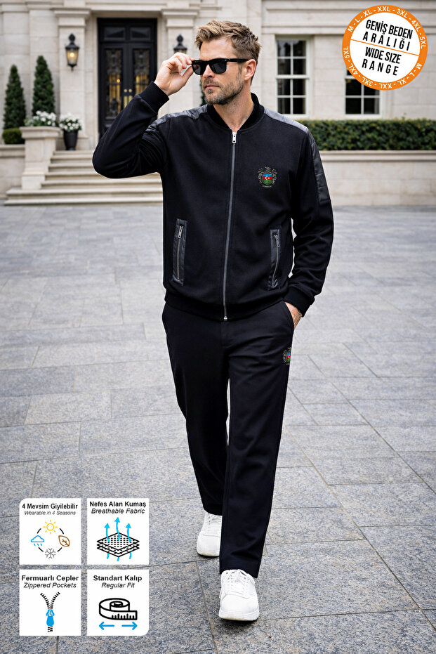 Black Tracksuit Set Azerbaijan Flag Printed Zipper Pocket Straight Leg Patterned Fabric Men's