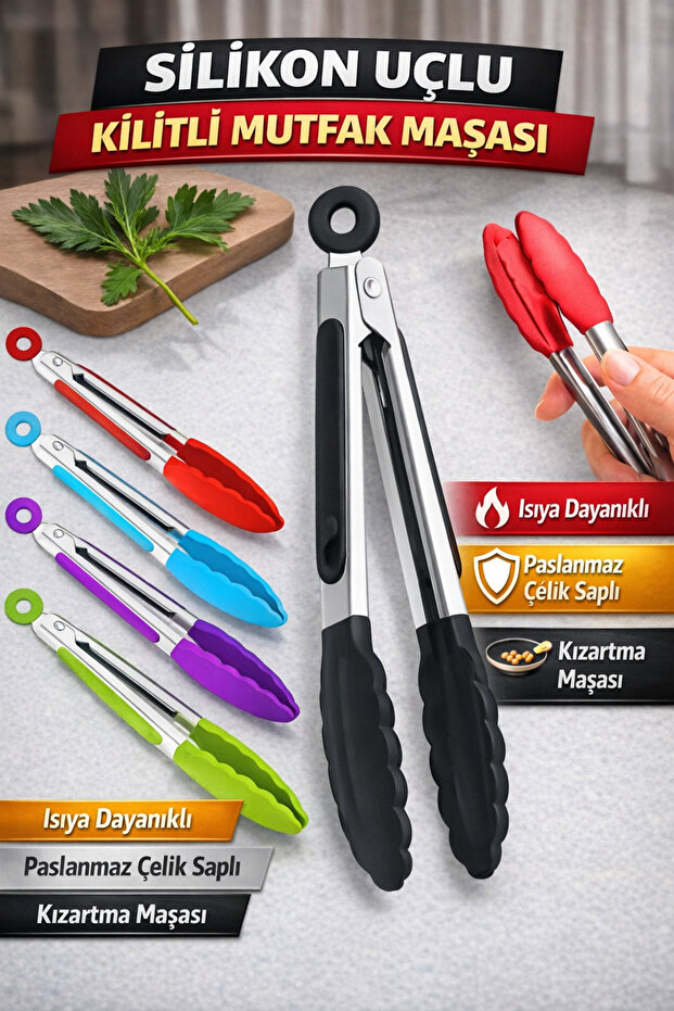 Silicone Tip Lockable Kitchen Tongs – Heat Resistant, Stainless Steel Handle - Frying Tongs