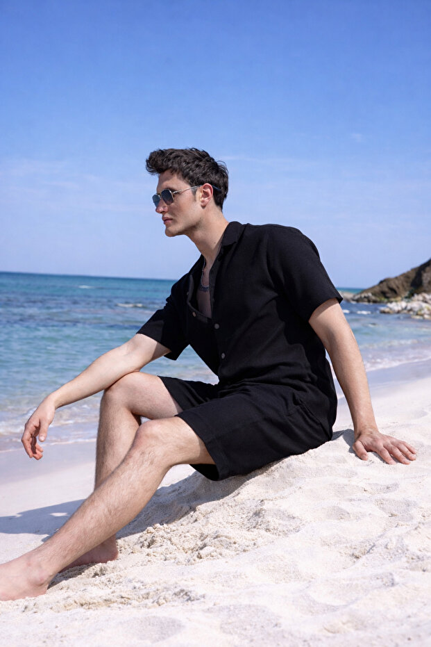 Black Color Shirt Shorts Men's Linen Set