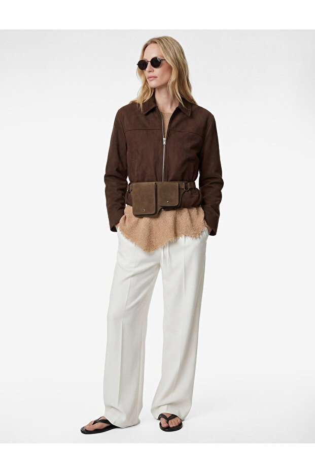 Linen Blend Waist-Tie Pocketed Pleated Detailed Straight-Leg Fabric Trousers