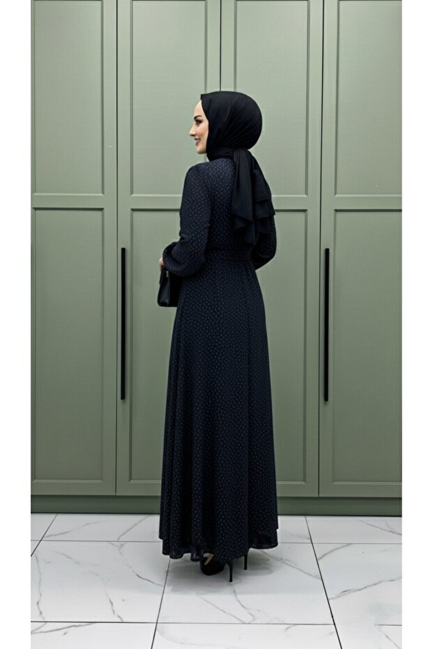 Жіноча темно-синя сукня SULTAN ABİYE з блискітками та камінням, а також поясом - 4