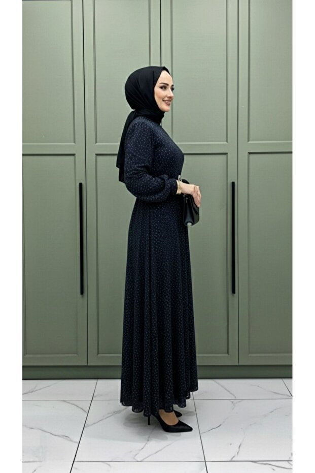 Жіноча темно-синя сукня SULTAN ABİYE з блискітками та камінням, а також поясом - 3