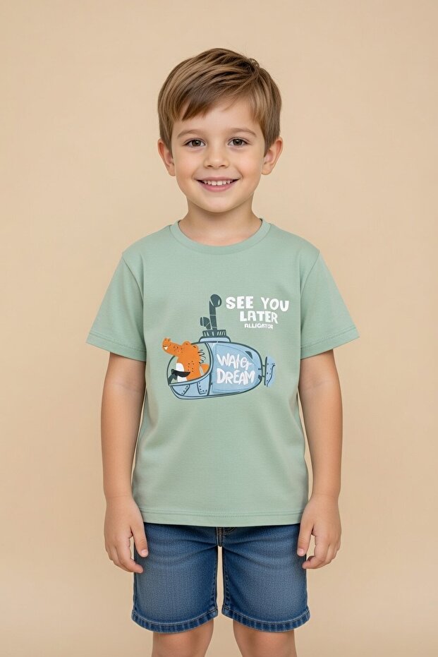 Green Submarine Printed Baby Boy Short Sleeve T-Shirt 20938