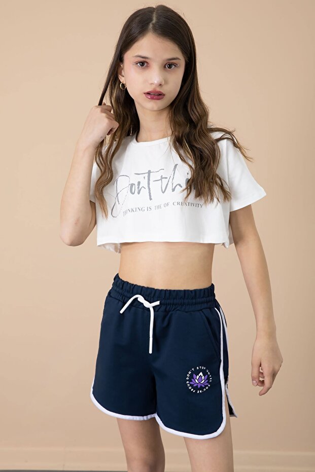 Navy Blue Side Slit Flower Printed Girl's Shorts with Elastic Waist 20735