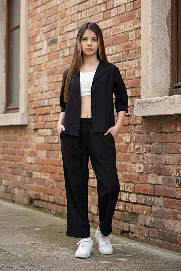 Black Half Sleeve Girl's 3-Piece Cropled Suit 20322