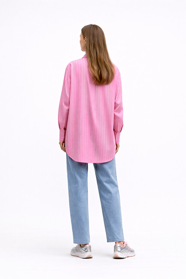 Oversize Çizgili Gömlek Pembe - 3