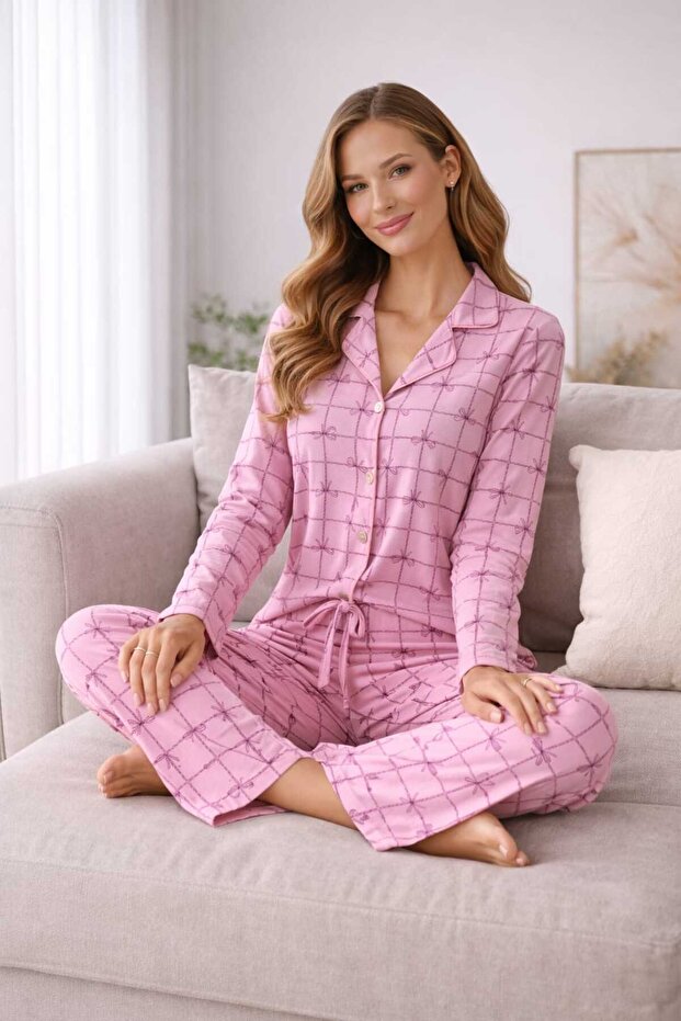 Front Buttoned Long Sleeved Women's Pajama Set Vakia.Tr