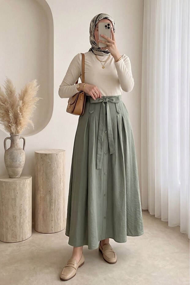 تنورة باراشوت بأزرار أمامية وأربطة - كاكي
