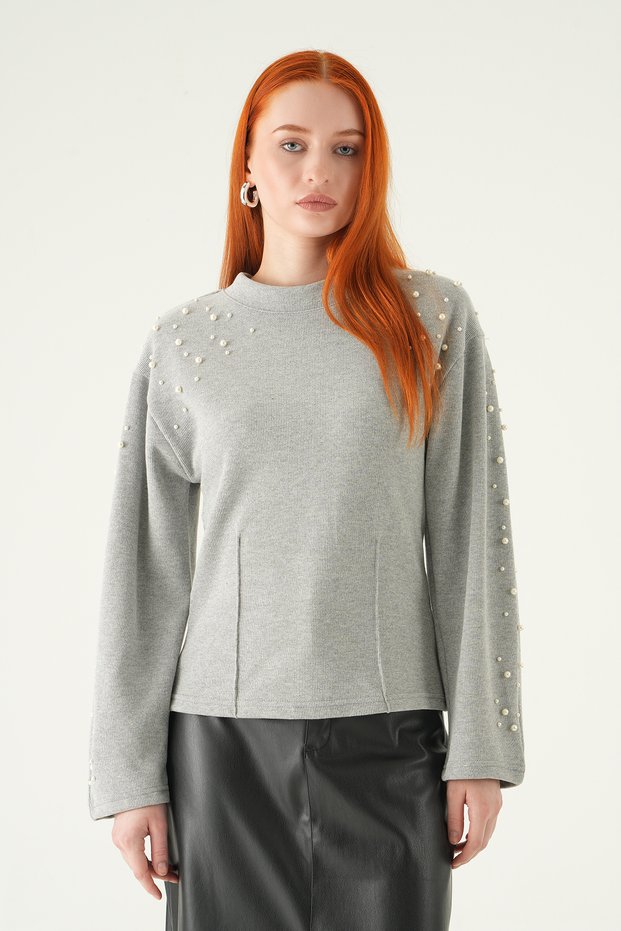 Gray Pearl Detail Sweater 3129A