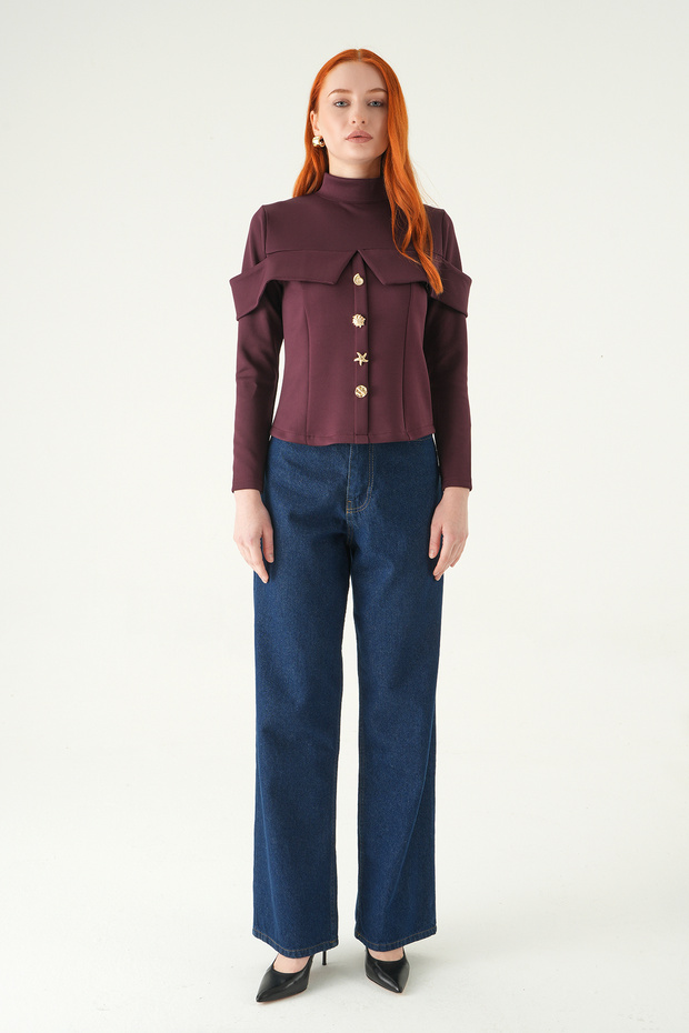 8386A بلوزة بأزرار أمامية بلون البرقوق - 3