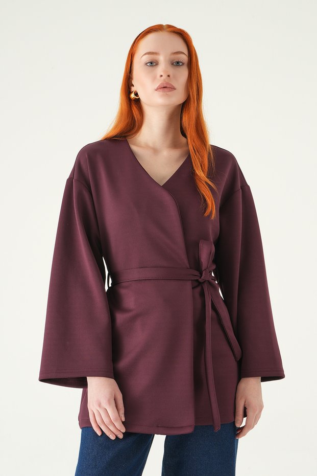 Plum Belted Wide Sleeve Kimono 3068A