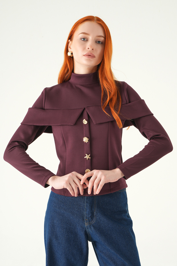 8386A بلوزة بأزرار أمامية بلون البرقوق - 6