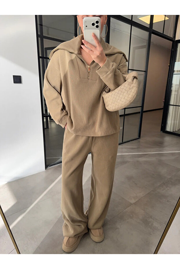 Light Khaki Semi-Zipper Corded Fabric Set - 51218