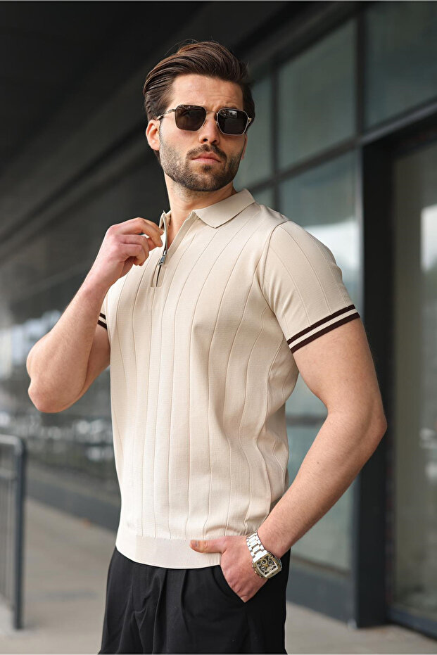 Men's Stone Color Polo Collar Zippered T-shirt 6876