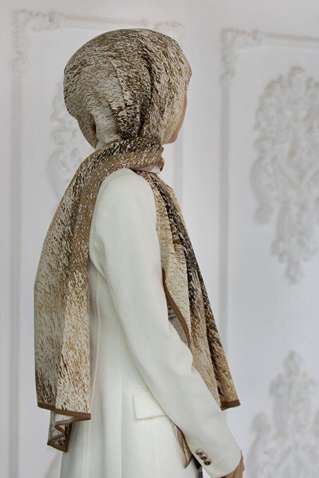 Luxury Medina Silk Zigzag Geometric Patterned Beige Color 75X195 Non-Fading Shawl Moss Crepe Sewing Type Italy
