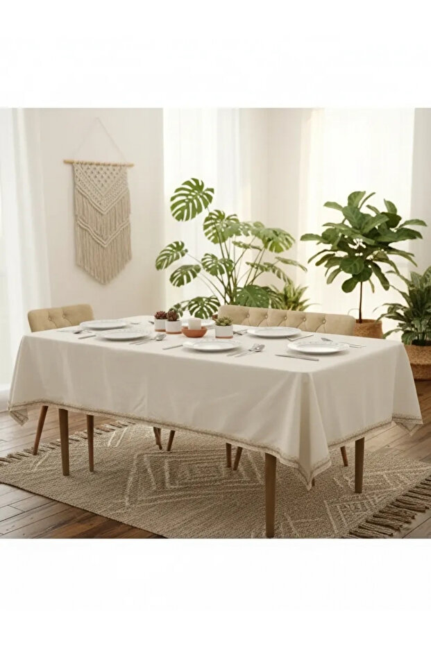 Organic Raw Linen Cream Jute Lace Tablecloth