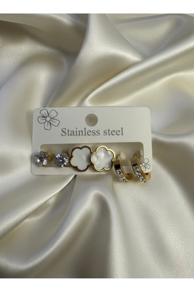Gold Color Steel 6-Piece Earring Set - Pearlescent Flower and Baguette Stone Combination Earrings