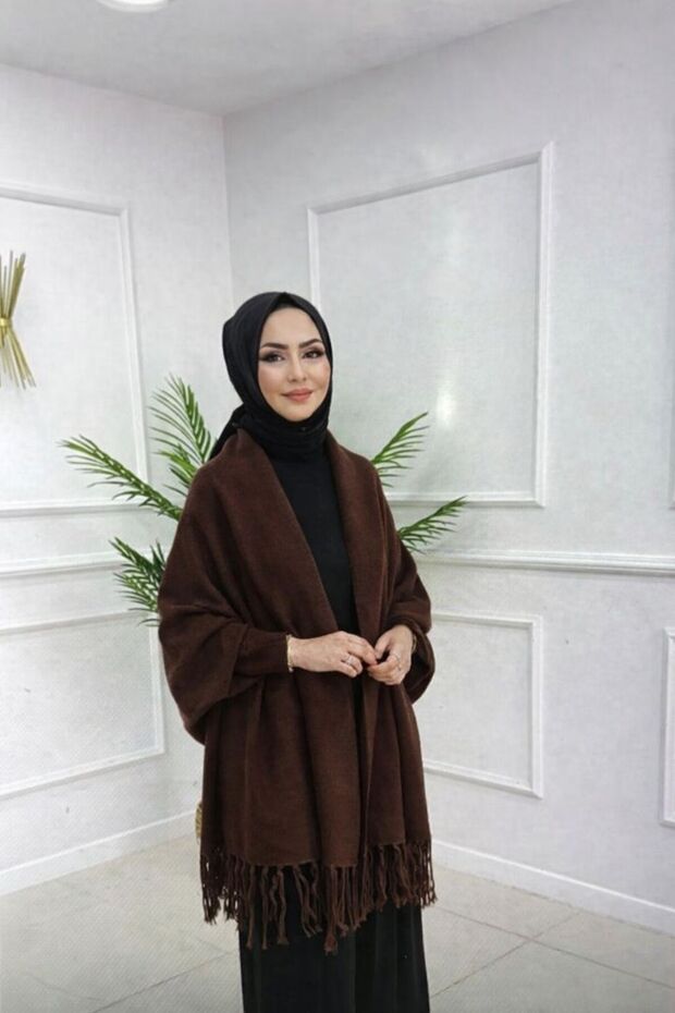 Soft Textured Sleeve Shawl with Tassels