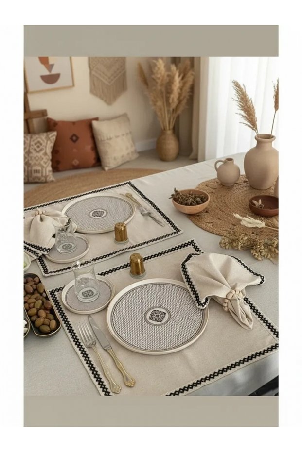 Organic Raw Linen Black-Striped 6-Piece Napkin Set with Wooden Buckle Gift
