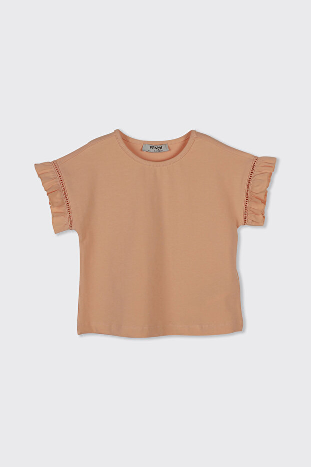 Girl's Short Sleeve Salmon T-Shirt with Sleeve Detail