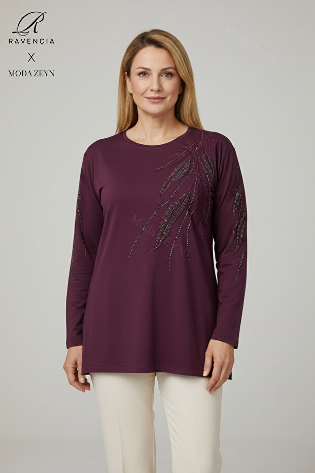 Women's Burgundy Leaf Patterned Stoned Slit Embroidered Lycra Viscose Mother Combed Cotton Blouse