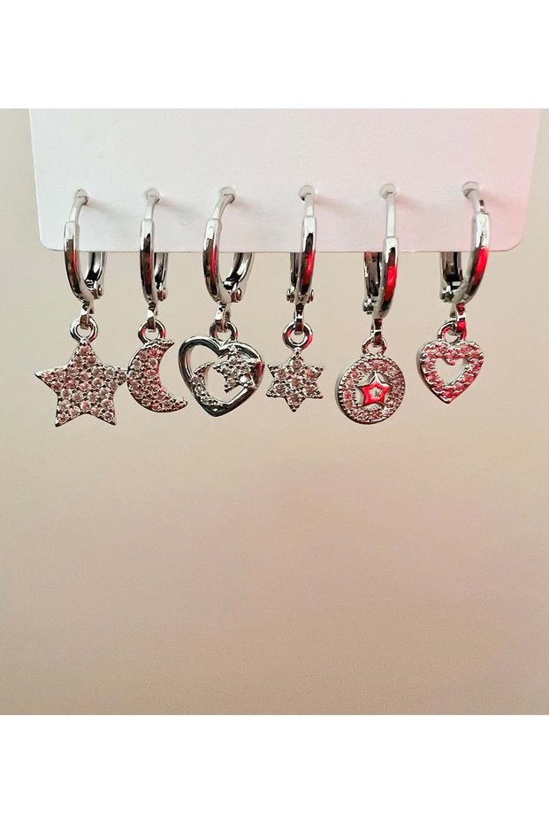 Set of 6 Hearts and Stars Earrings-Silver Color Acr8994